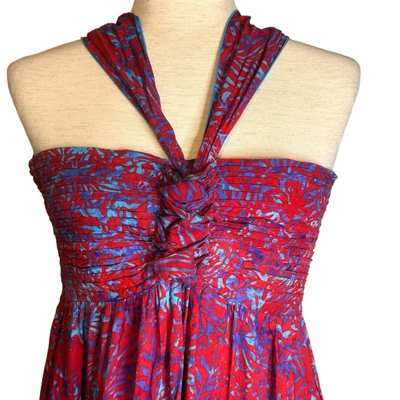 Hula Hula Red Blue Strapless Halter Dress Tie Neck O/S Made in‎ Hawaii Tropical - Picture 3 of 11